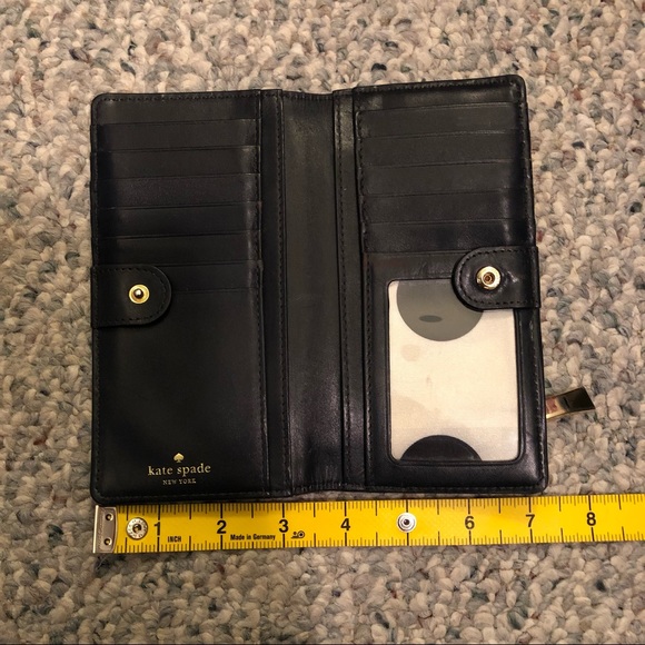 Kate Spade Darcy Slim Bifold Wallet 12 Card Slots Gold Black Polka Dot - Picture 14 of 14